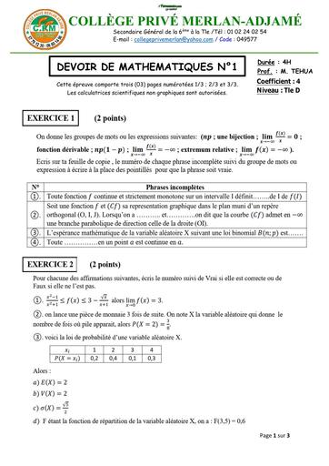 DEVOIR DE NIVEAU MATHS niveau Tle D MERLAN 12 NOVEMBRE 2025 AVEC BAREME by TEHUA