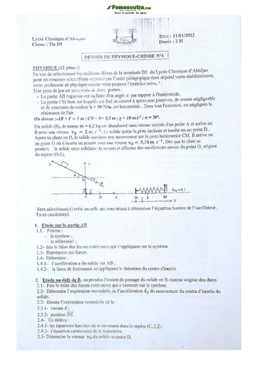 Devoir surveillé de Physique-Chimie Terminale D Lycée Classique Abidjan