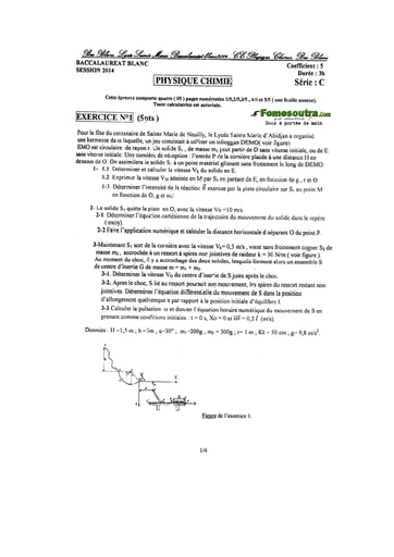 Sujet de Physique-Chimie BAC blanc 2014 série C Lycée Classique de Cocody