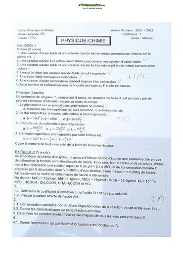 Sujet de Physique-Chimie Terminale C Lycée Classique 2022