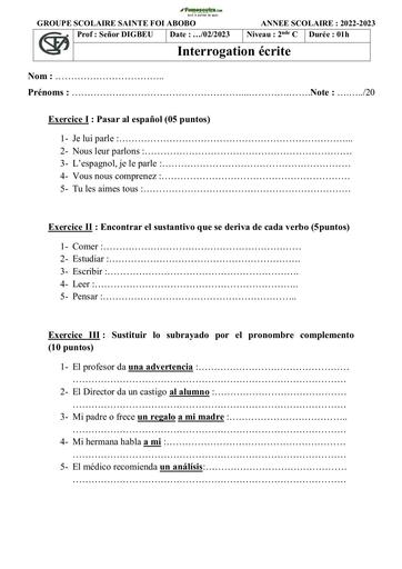 Devoir d'Espagnol Niveau Seconde Collège Sainte Foi 2022-2023