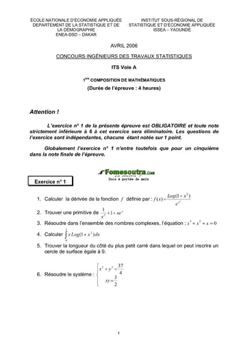 Sujet 1ère épreuve de maths ITS A 2006 (ENSAE - ISSEA)
