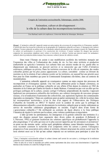 Animation, culture et développement : le rôle de la culture dans les recompositions territoriales