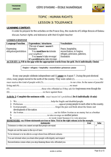 Lesson 3: Tolerance - Anglais 3eme