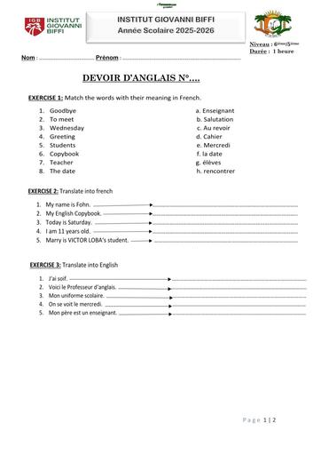 DEVOIR D’ANGLAIS N°1 6ième 5ième INSTITUT GIOVANNI BIFFI Octobre 2025 by TEHUA