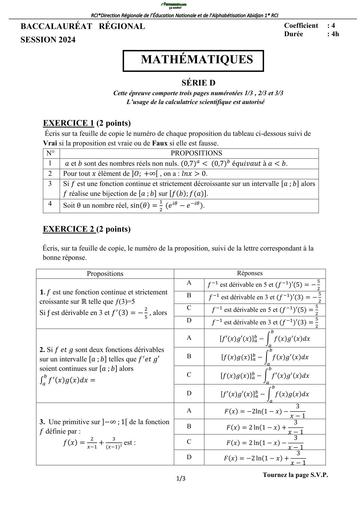 BAC BLANC 2024 MATHS SERIE D DRENA ABIDJAN 1 BY TEHUA