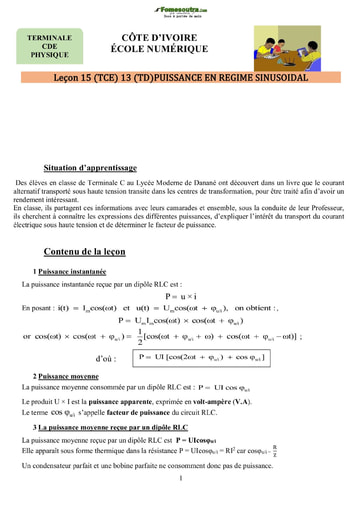 Sujet de Physique-Chimie : Puissance en Régime Sinusoïdal