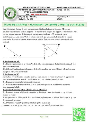 FICHE 3 PHYSIQUE MOUVEMENT DU CENTRE D’INERTIE D’UN SOLIDE Tle C&D BY TEHUA