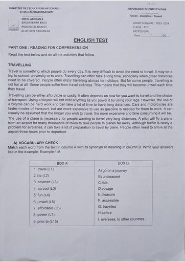 Compo de fin de trimestre nov2023 Anglais 4ieme C le provincial by Tehua