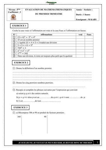 DEVOIR DE MATHS NIVEAU 5ième SAINTE MOISE SUR BY TEHUA