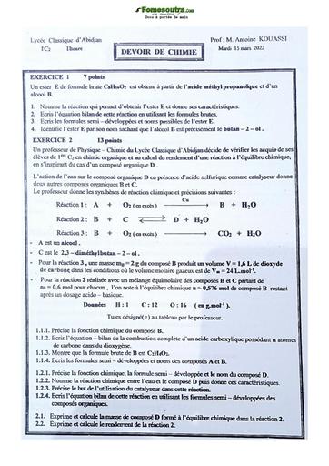 Sujet Première C Physique-Chimie Lycée Classique Abidjan 2021-2022