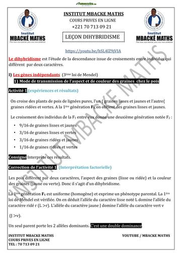 Leçon DETAILLEE SVT GENETIQUE DIHYBRIDISME by TEHUA