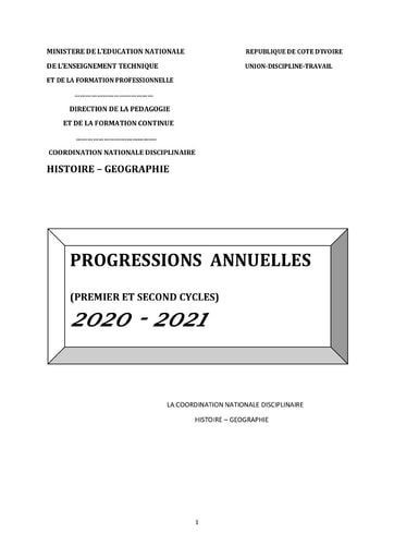 Progression Histoire - Géographie de la Sixième à la Terminale année scolaire 2020-2021