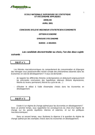 Sujet Economie ISE option économie 2001 (ENSEA)