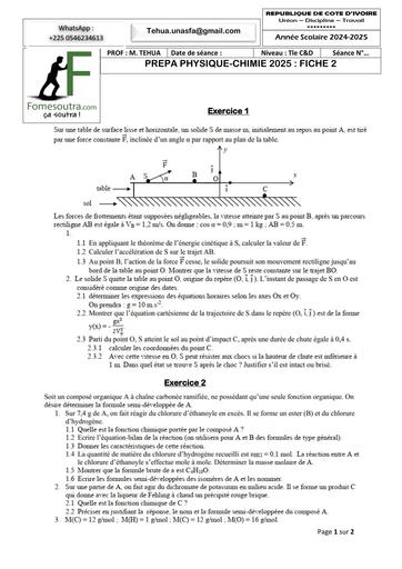 PREPA BAC 2025 SERIE PC C&D FICHE 2 sujet+corrigé MAI 2025 BY TEHUA