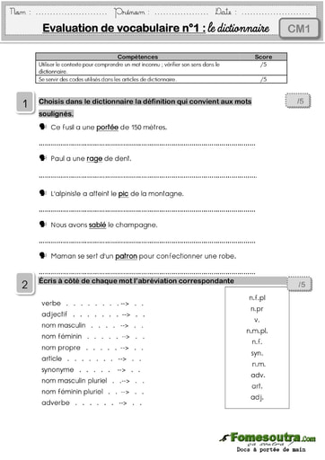 Évaluation de vocabulaire (1) : le dictionnaire - niveau CM1