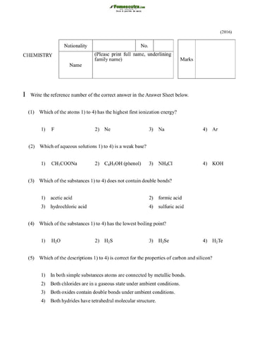 Sujet de Chemistry pour les Bourses d'étude au Japon niveau undergraduate students - année 2016