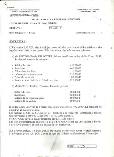 Examen BTS tertiaire 2009 fiscalite FCf