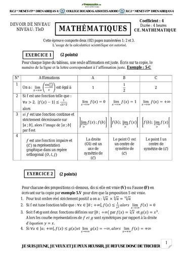 Devoir de Mathématiques Terminale D 2021-2022