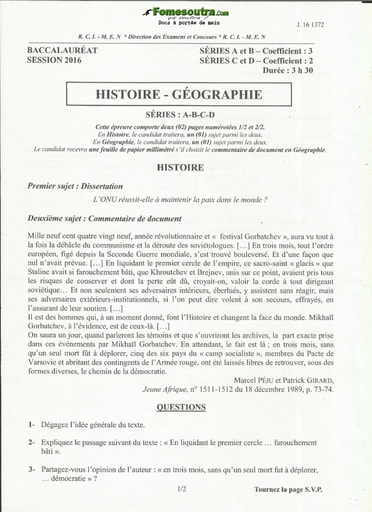 Sujet d'Histoire et Géographie des BAC A B C et D 2016