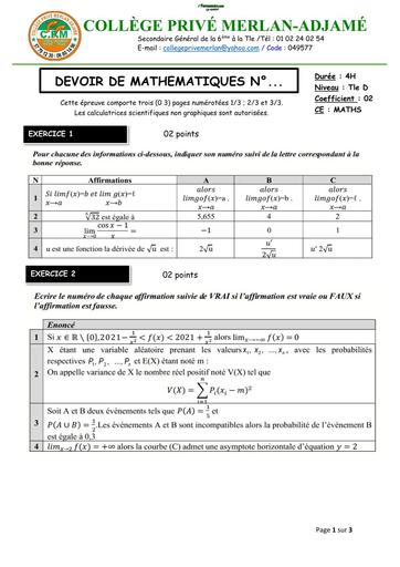 DEVOIR DE NIVEAU MATHS niveau Tle D MERLAN NOVEMBRE 2025 by TEHUA