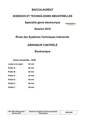 Sujet corrigé Arroseur contrôlé - Étude des Systèmes Techniques Industriels - BAC 2010