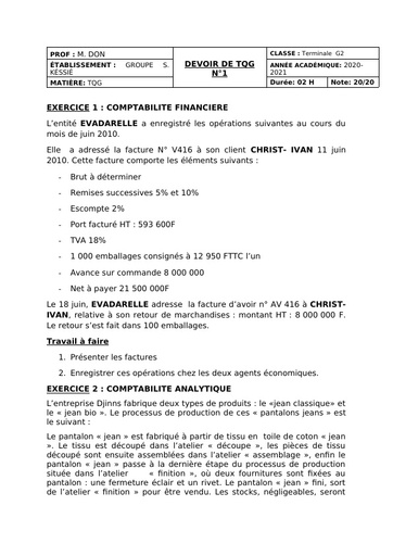 Tle G2 MATHS DU 08 DECEMBRE 2020TQG