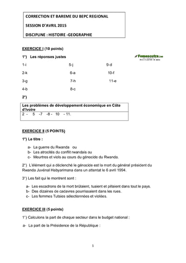 Corrigé et barème Histoire- Géographie BEPC régional session Avril 2015