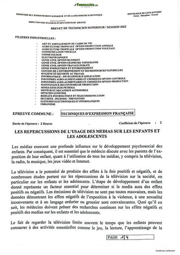 BTP BTS 2022 TECHNIQUES D'EXPPRESSIONS FRANCAISES 1 SUJET+CORRIGE BY TEHUA