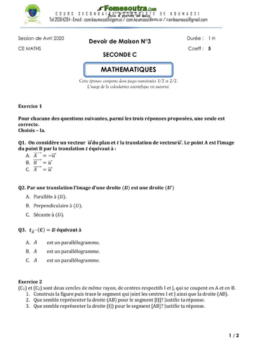 Devoir de Mathématiques niveau 2ndeC année scolaire 2019/20 - Cours Secondaire Methodiste de Koumassi