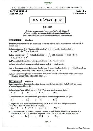 BAC 2026 Maths série C sujet+barème RCI By TEHUA