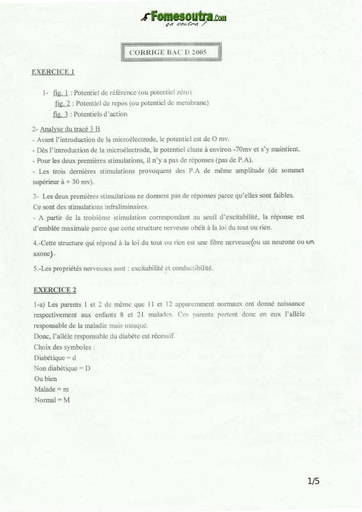 Corrigé de SVT BAC D 2005