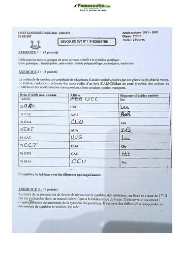 Sujet de SVT terminale D Lycée Classique Abidjan 2021-2022