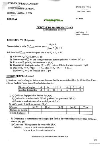 SUJET BAC 2024 MATHS SERIE A4 BURKINA FASO by Tehua