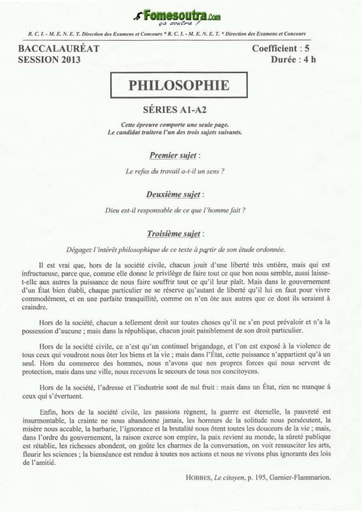 Sujet de Philosophie BAC A1 A2 2013