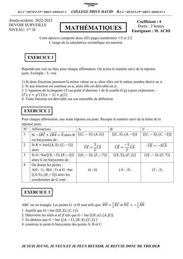 DEVOIR DE MATHS NIVEAU 1ière D CP DAVID 2023 BY TEHUA