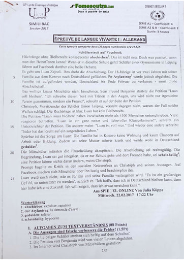 Sujet corrigé d'Allemand BAC blanc 2017 série A1 et A2 Lycée Classique d'Abidjan