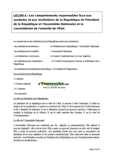 Les comportements responsables face aux symboles et aux institutions de la République (le Président de la République et l’Assemblée Nationale) et la consolidation de l’autorité de l’État