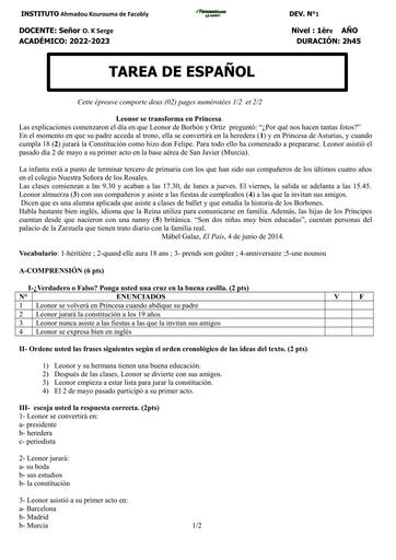 DEVOIR D'ESPAGNOL NIVEAU 1iere FACOBLY BY TEHUA