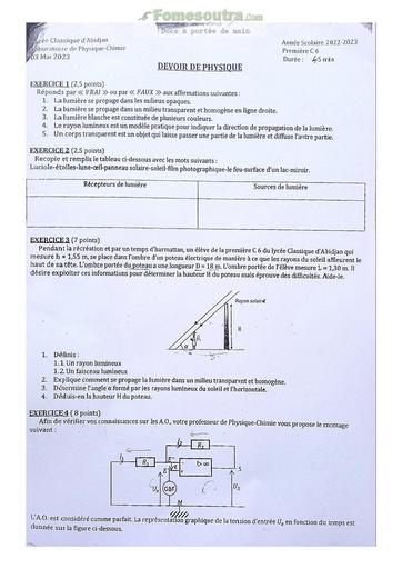 Sujet de Physique-Chimie Première C Lycée Classique Abidjan 2023