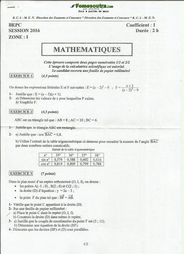 Sujet corrigé et barème de Mathématique BEPC 2016 zone 1