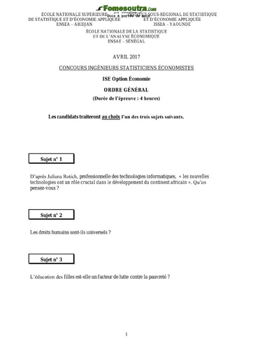 Sujet d'ordre générale ISE option Economie 2017 (ENSEA - ISSEA - ENSAE)