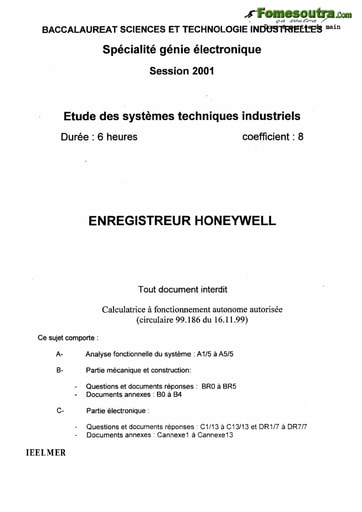 Sujet Enregistreur Honeywell - Étude des système techniques industriels - BAC 2001