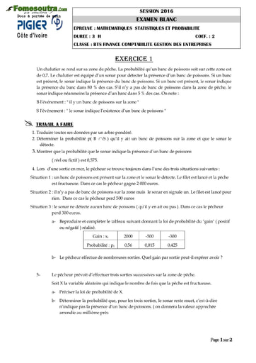 Sujet Mathématiques, Statistiques et Probabilité BTS  blanc 2016 Finances Comptabilité et Gestion d'Entreprises - PIGIER