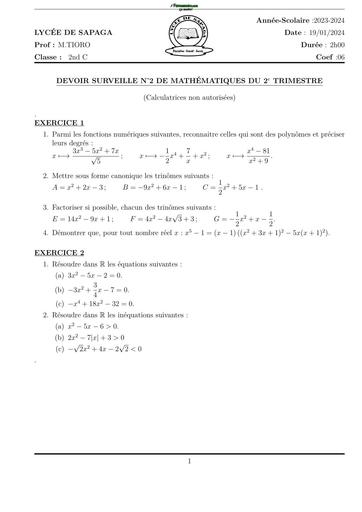 DEVOIR DE MATHS  NIVEAU 2nde C LYCEE DE SAPAGA 2024 N°1 BY TEHUA