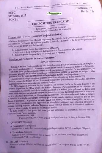 Sujet compo Fr bepc 2023 zone1