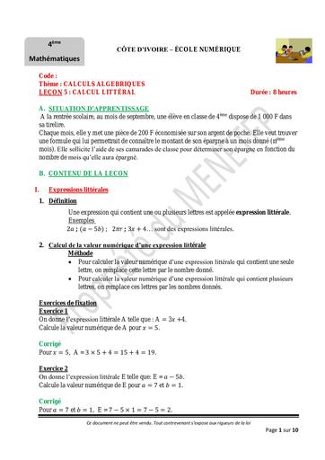 4e Maths leçon 5 Calcul Litteral