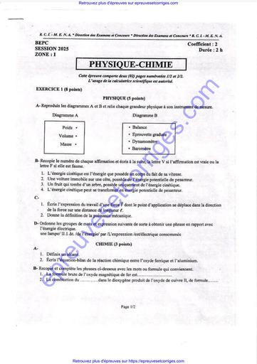 Preuve et Corrigé de Physique Chimie – BEPC Session 2025 Zone 1