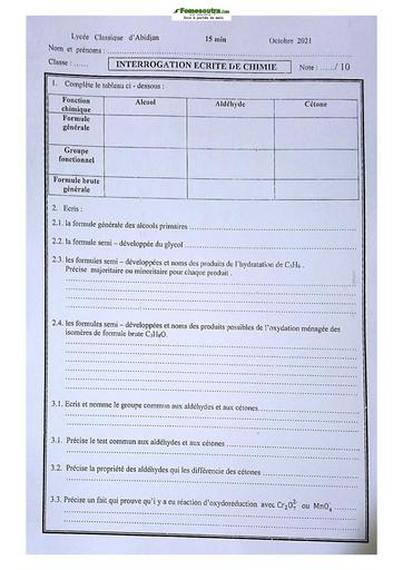 Sujet de Physique-Chimie Terminale D Lycée Classique Abidjan 20-22