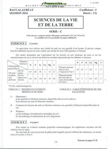 Sujet corrigé et barème de SVT BAC C 2016